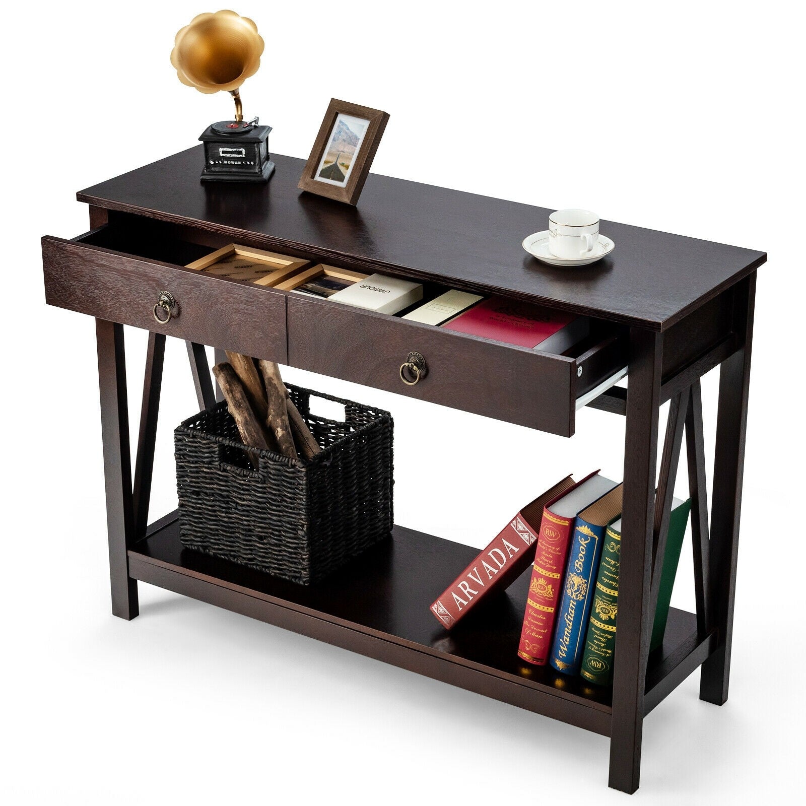 Console Table 2-Tier with Storage Drawers and Shelf