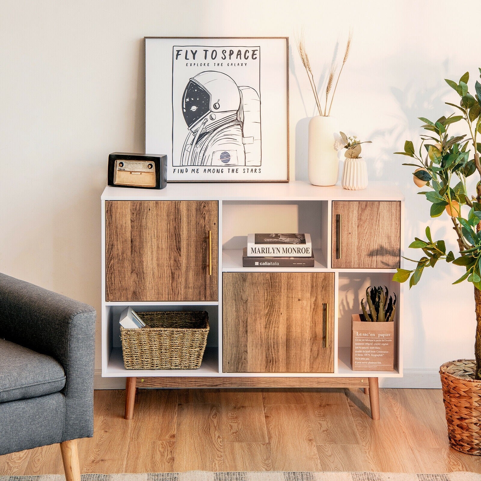 Sideboard Storage Cabinet W/Storage Compartments, Doors and Wood Legs