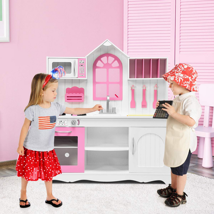 Giantex Wood Play Kitchen, Pink Kids Kitchen Playset for Toddlers