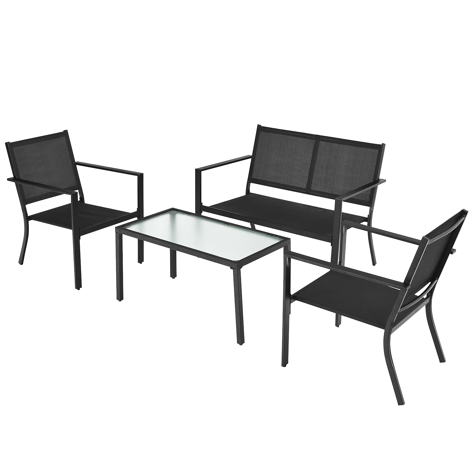 Giantex 4 Pieces Patio Furniture Set, Outdoor Conversation Set, Loveseat Bench with 2 Patio Chairs & Tempered Glass Coffee Table