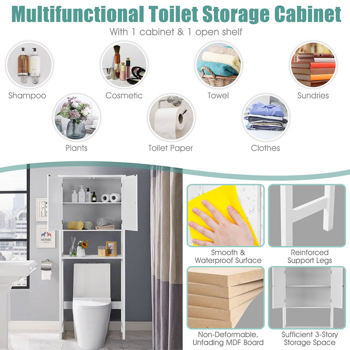 Giantex Over The Toilet Storage Cabinet W/ 2-Door Cabinet, Open Shelf, 3-Positon Adjustable Shelf