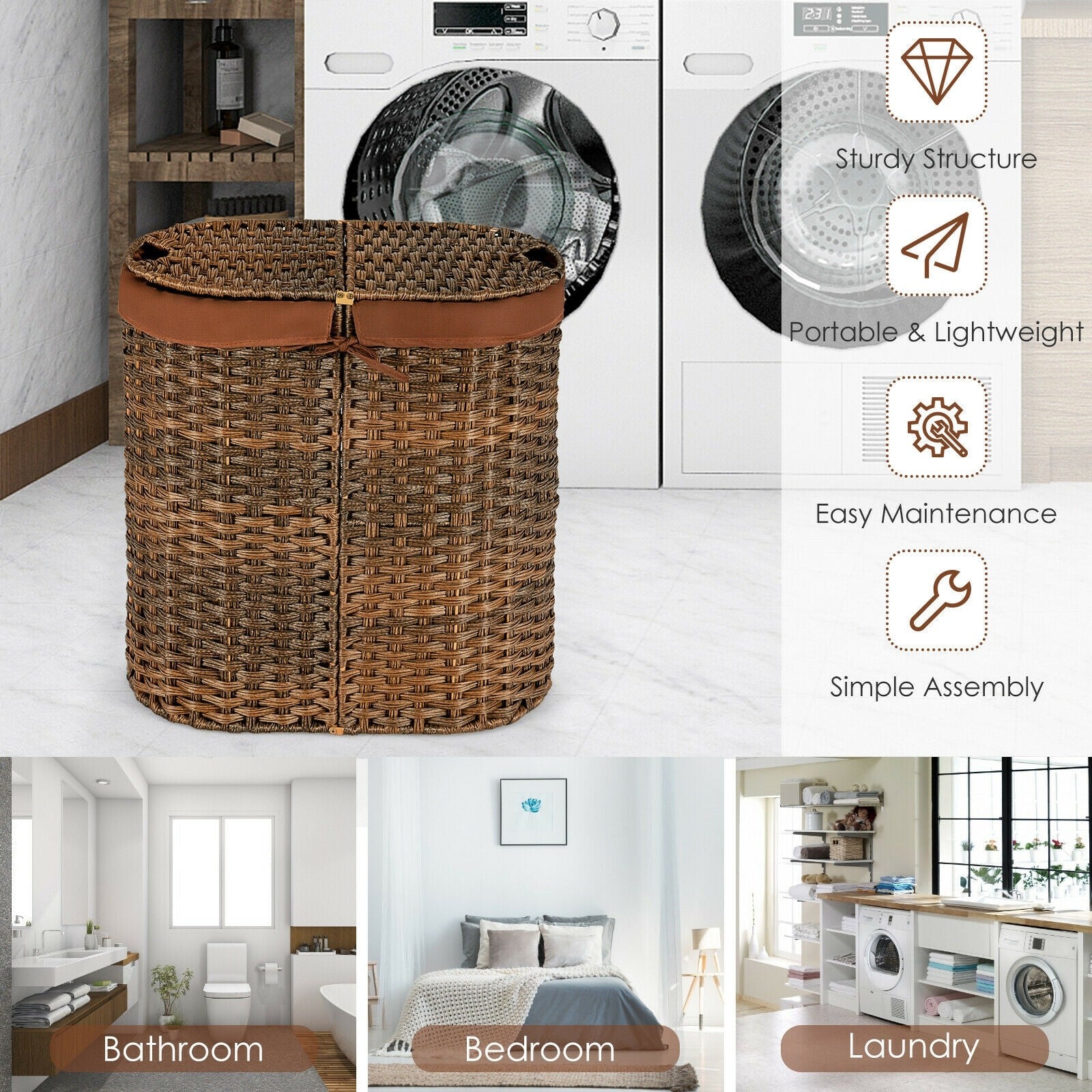 Hand-Woven Double Laundry Hamper with Lid