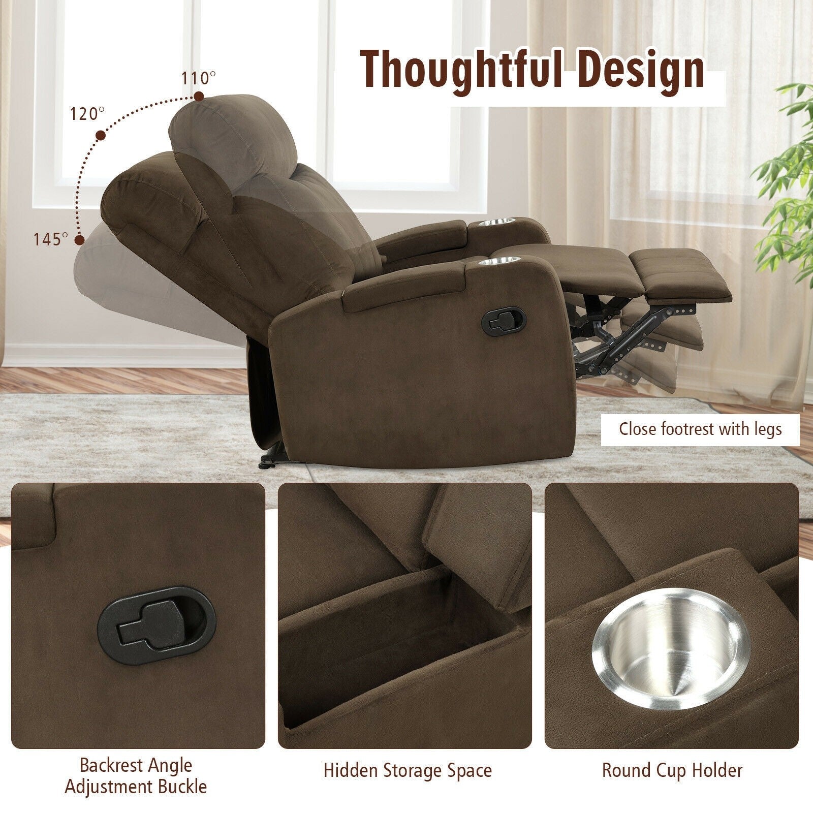 Recliner Chair with Cup Holders, Fabric Reclining Chair Manual Recliner Chair