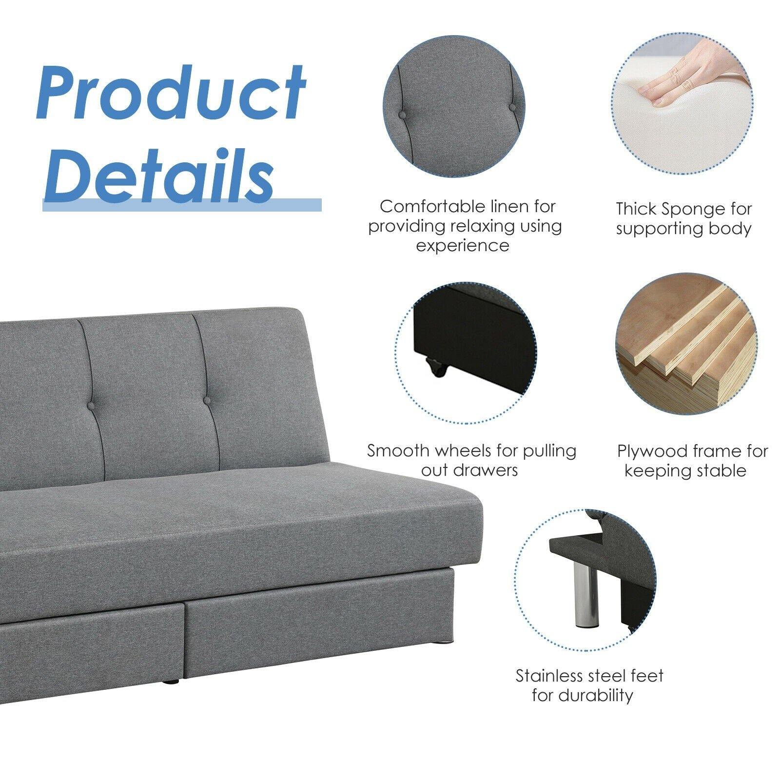 3-Seat Convertible Sofa Bed,Long Sofa w/ 2 Large Drawers, Ergonomic Sleeper w/ 3 Adjustable Angles - Giantexus