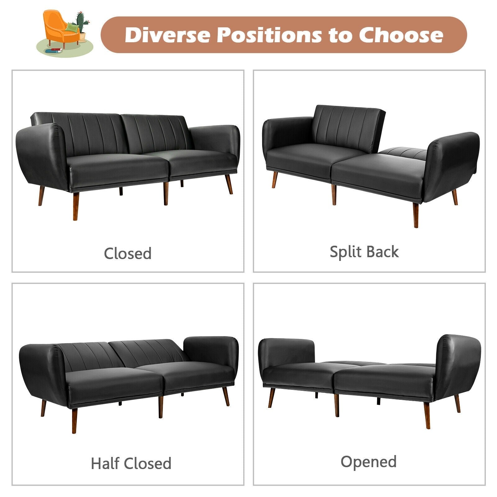 Giantex 3 Seat Sofa Bed, Convertible Futon Sofa,  Adjustable Backrest, Foldable Couch Sleeper with Armrest (Black)