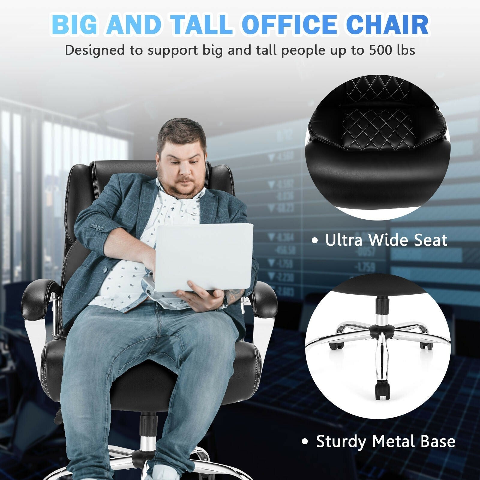 500LBS Leather Office Chair, Height Adjustable Big and Tall Executive Chair - Giantexus