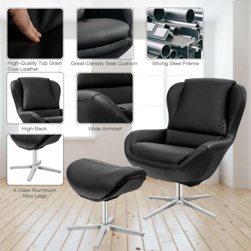 360 Swivel Leather Lounge Chair with Ottoman - Giantexus