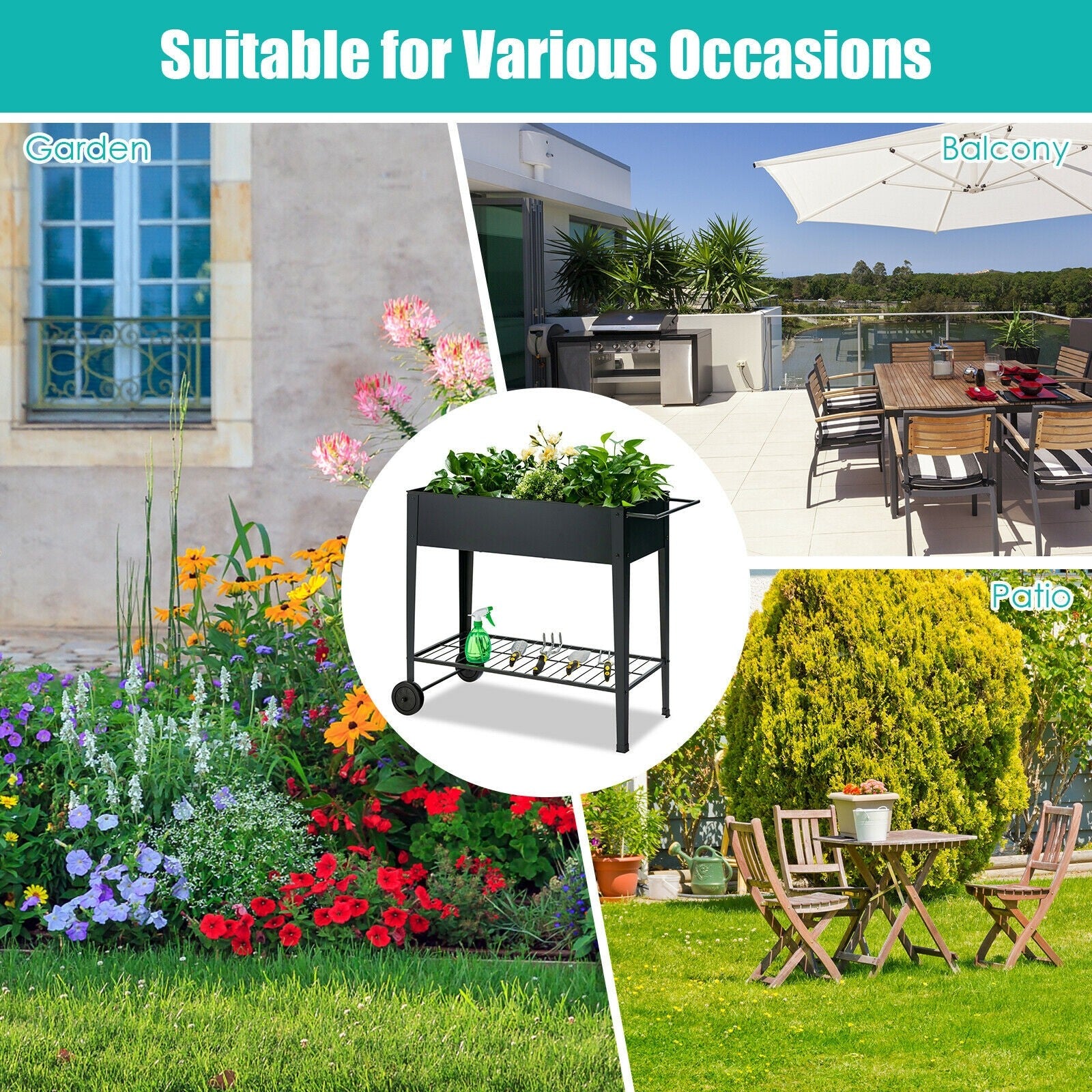 Outdoor Raised Garden Bed on Wheels with Legs