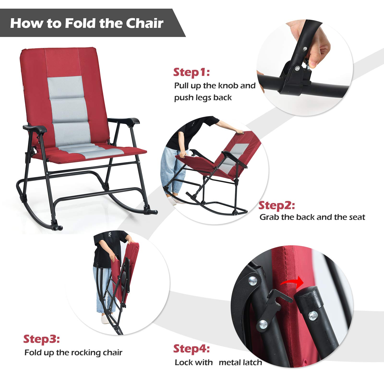 Giantex Camping Rocking Chair Fold-able Oversized with Padded Armrest and Seat
