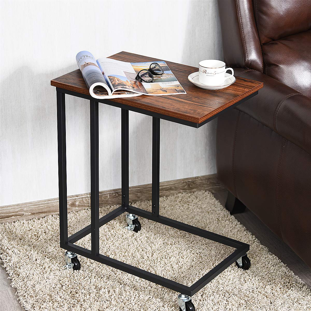 Giantex End Table Accent Sofa Side Table Wooden Rectangle Telephone Table with Rolling Casters