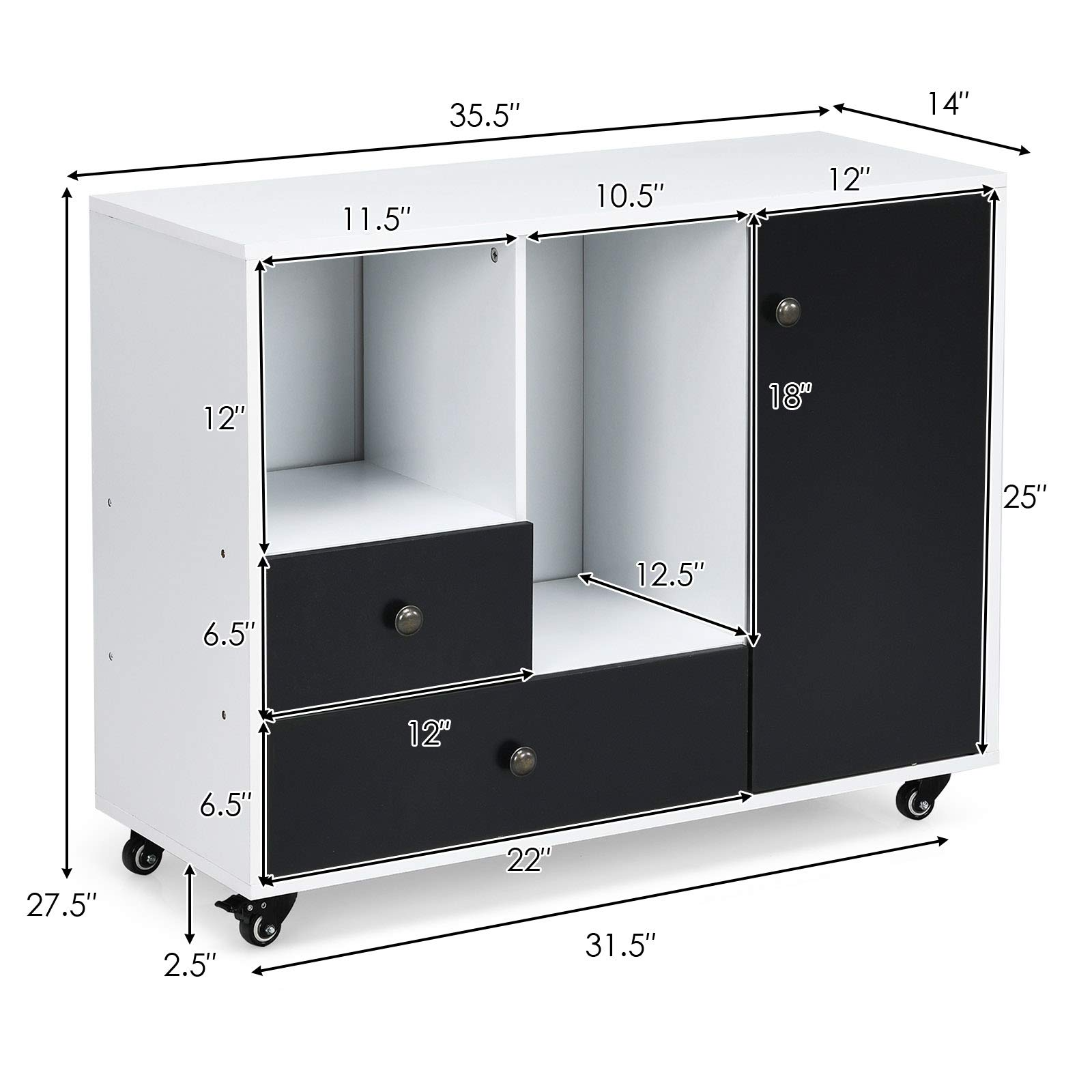 Giantex Lateral File Cabinet 2 Drawer Printer Stand, Rolling Storage Office Cabinet with Lockable Wheels