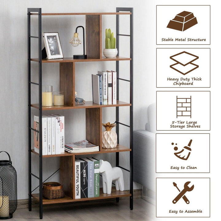 4-Tier Bookshelf, Industrial Style Bookcase with Metal Frame (Rustic Brown) - Giantexus