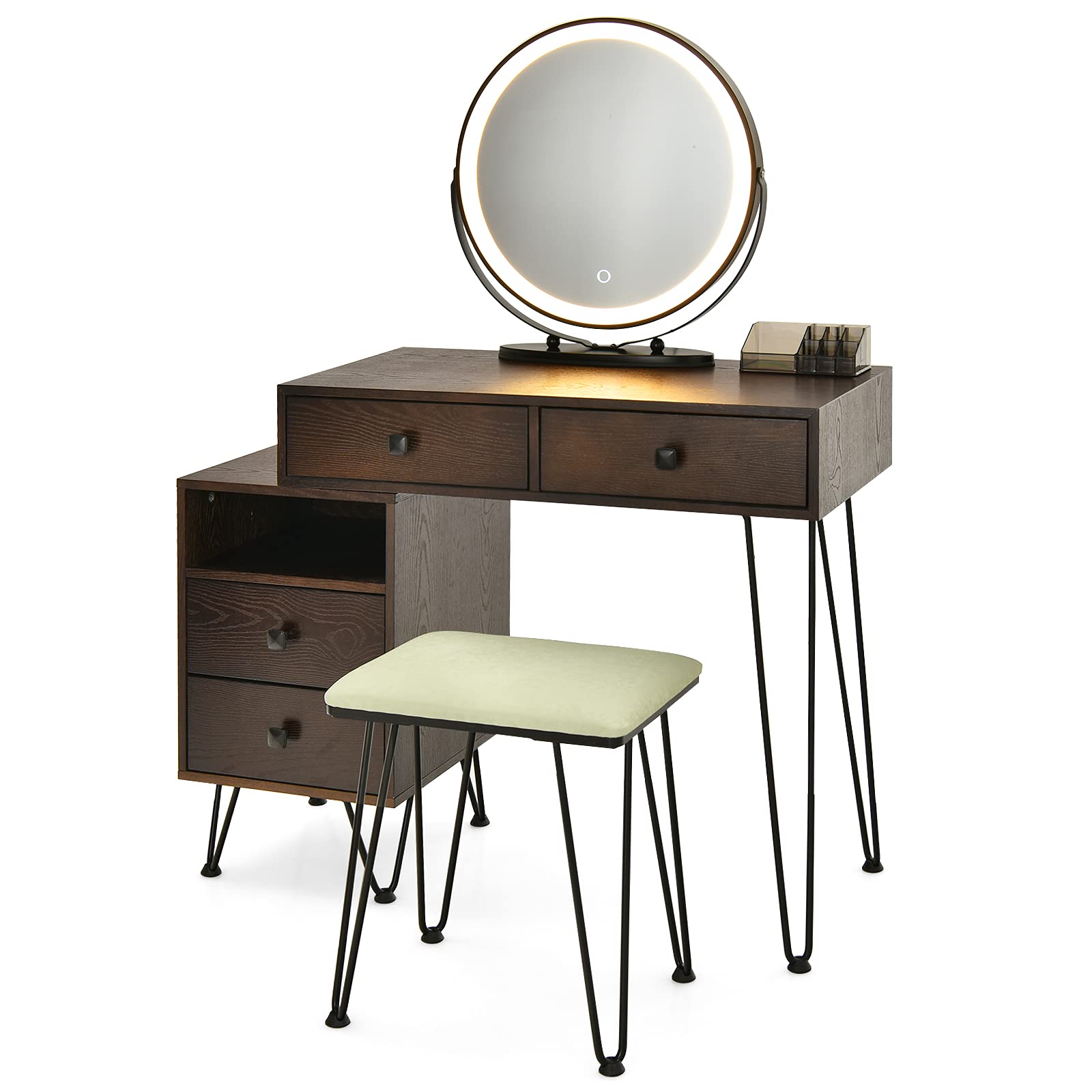 CHARMAID Vanity Set with 3 Colors Lighted Mirror, Left or Right Side Cabinet