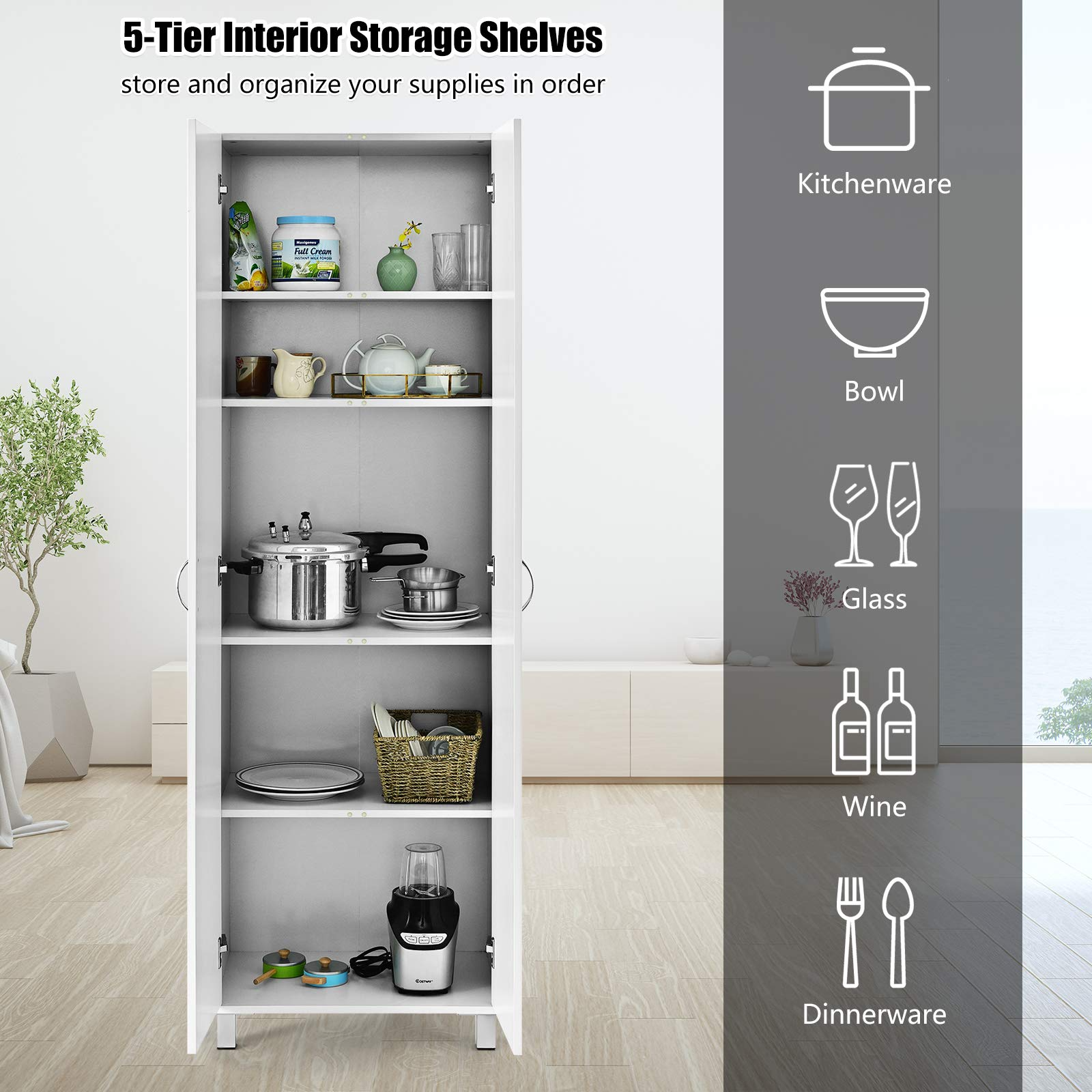 Giantex Kitchen Pantry Cabinet, 2 Door Cupboard with 5 Shelves, Storage Organizer for Kitchenware