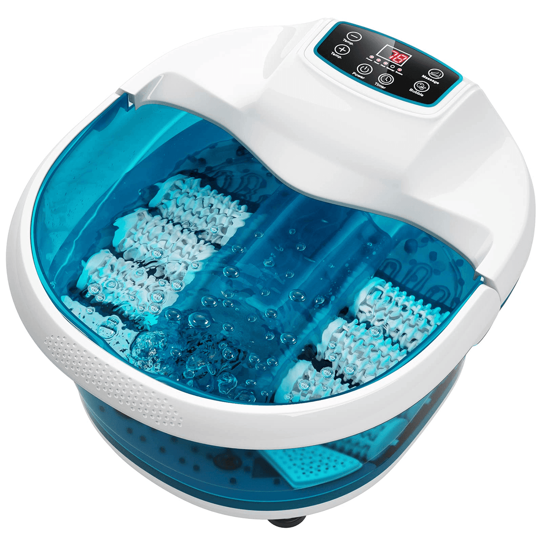 Giantex Foot Spa Bath Massager with Heat Bubbles, 6 Motorized Massage Rollers, Fast Heating, Red Light, Adjustable Temperature & Time (Blue/White) - Giantexus