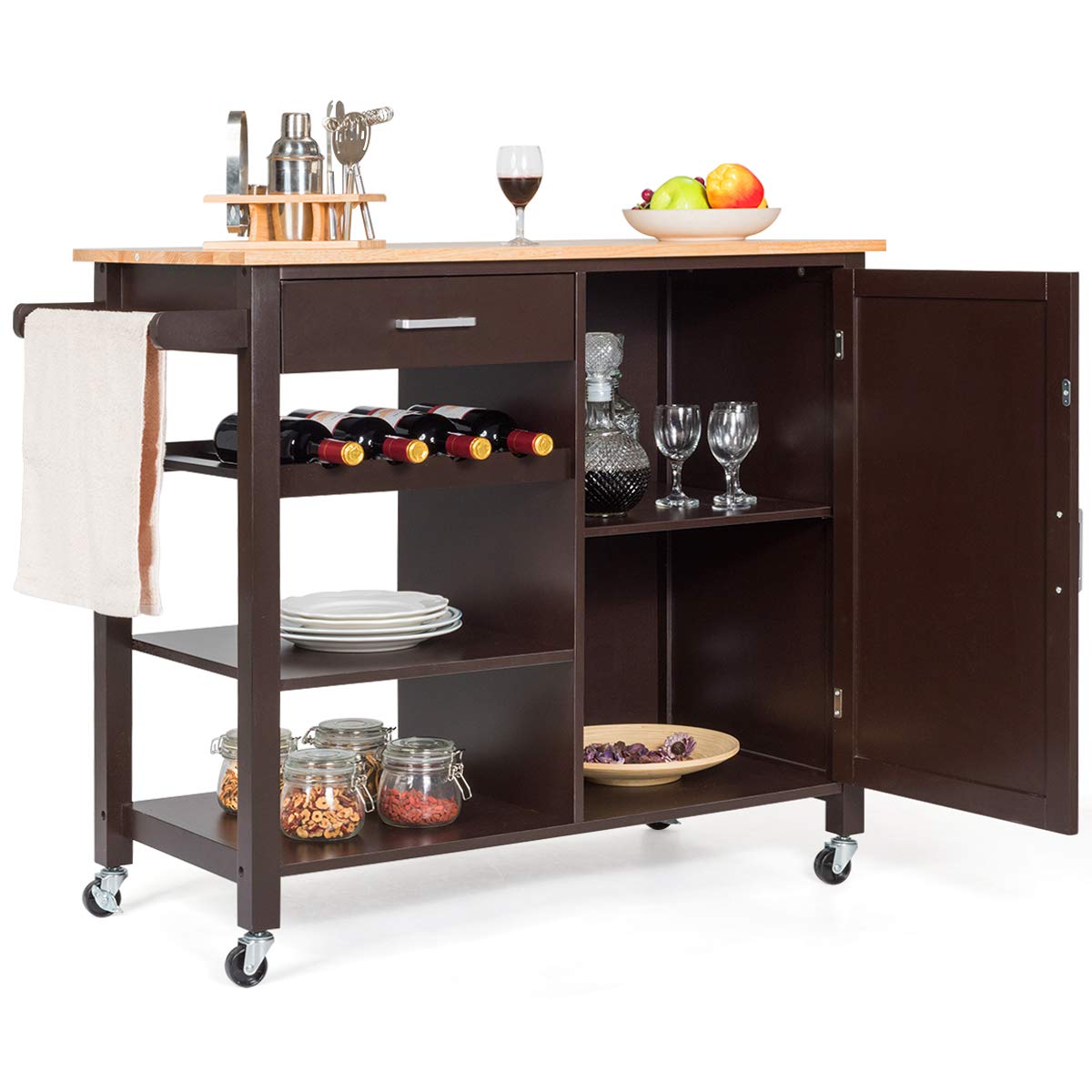 Giantex Kitchen Island Cart Rolling Serving Cart Wood Trolley, Brown