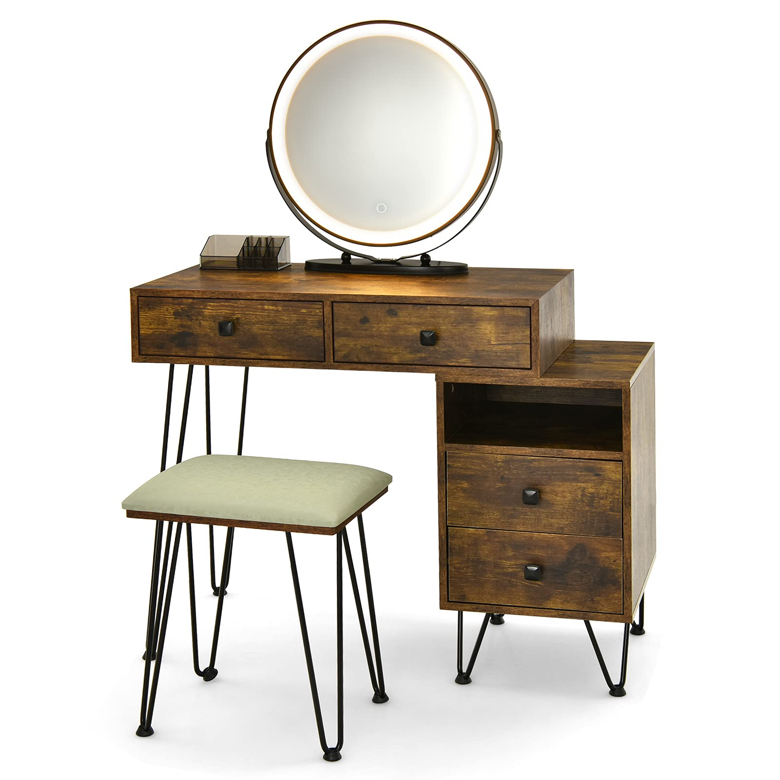 CHARMAID Vanity Set with 3 Colors Lighted Mirror, Left or Right Side Cabinet