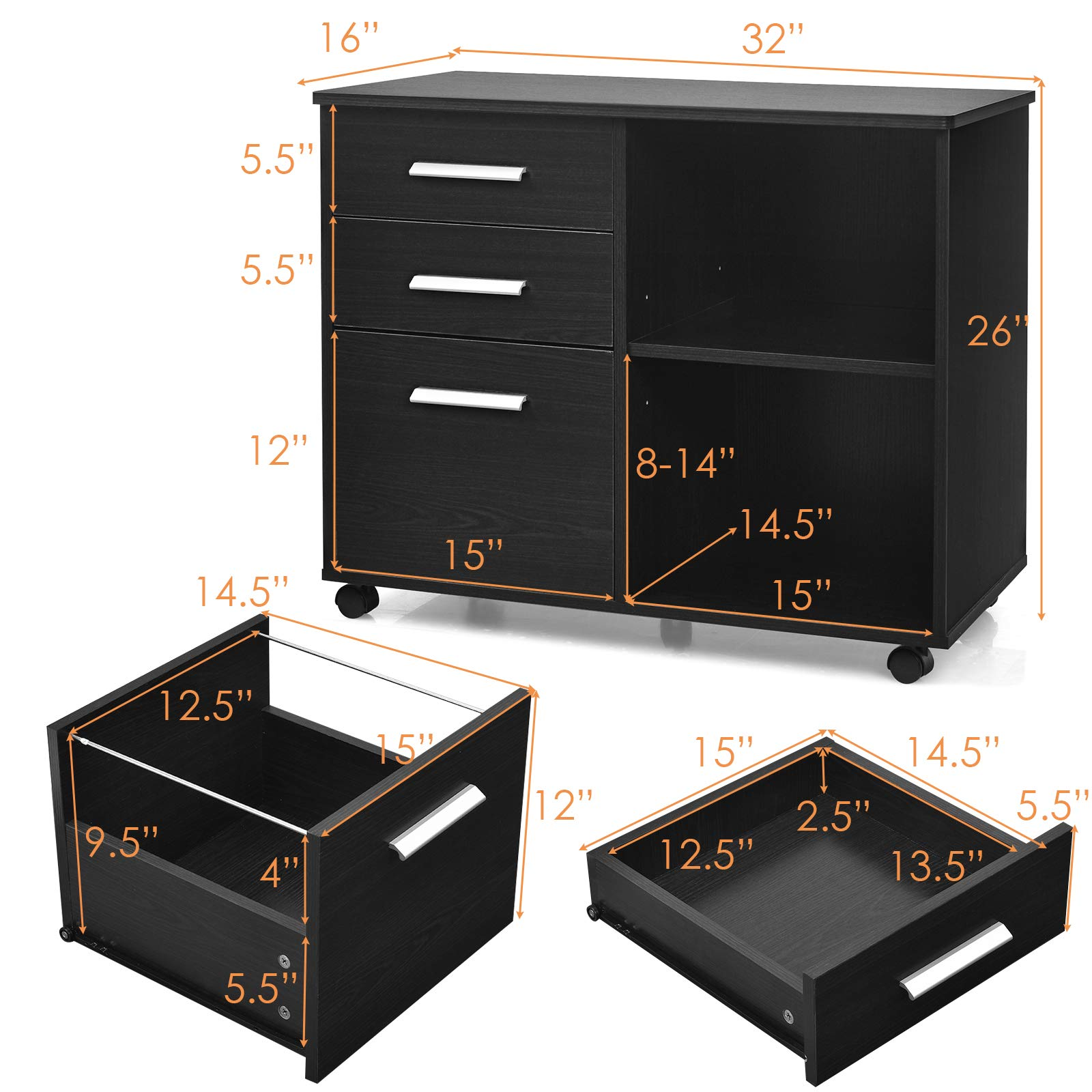 3-Drawer File Cabinet | Mobile Lateral Filing Cabinet with Wheels