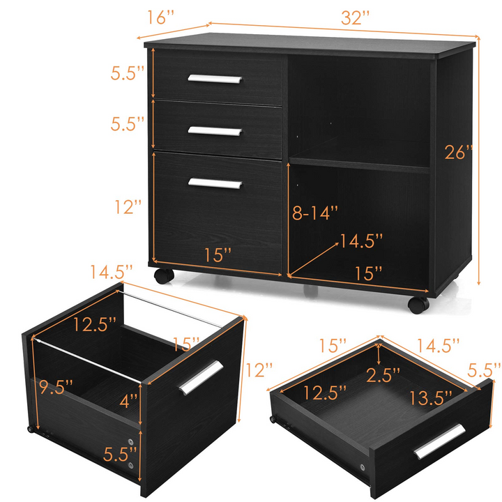3-Drawer File Cabinet | Mobile Lateral Filing Cabinet with Wheels