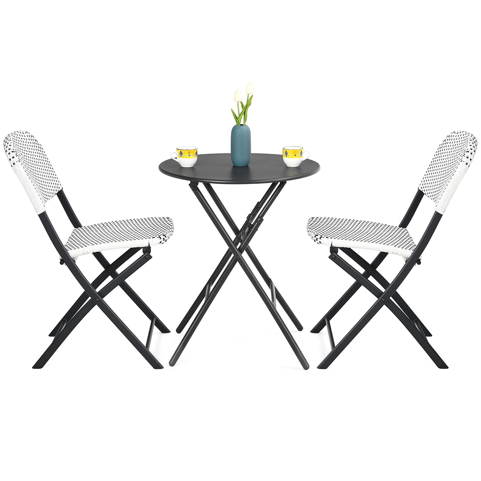 Giantex 3 Pieces Patio Dining Set, Folding Bistro Table with 2 Rattan Chairs