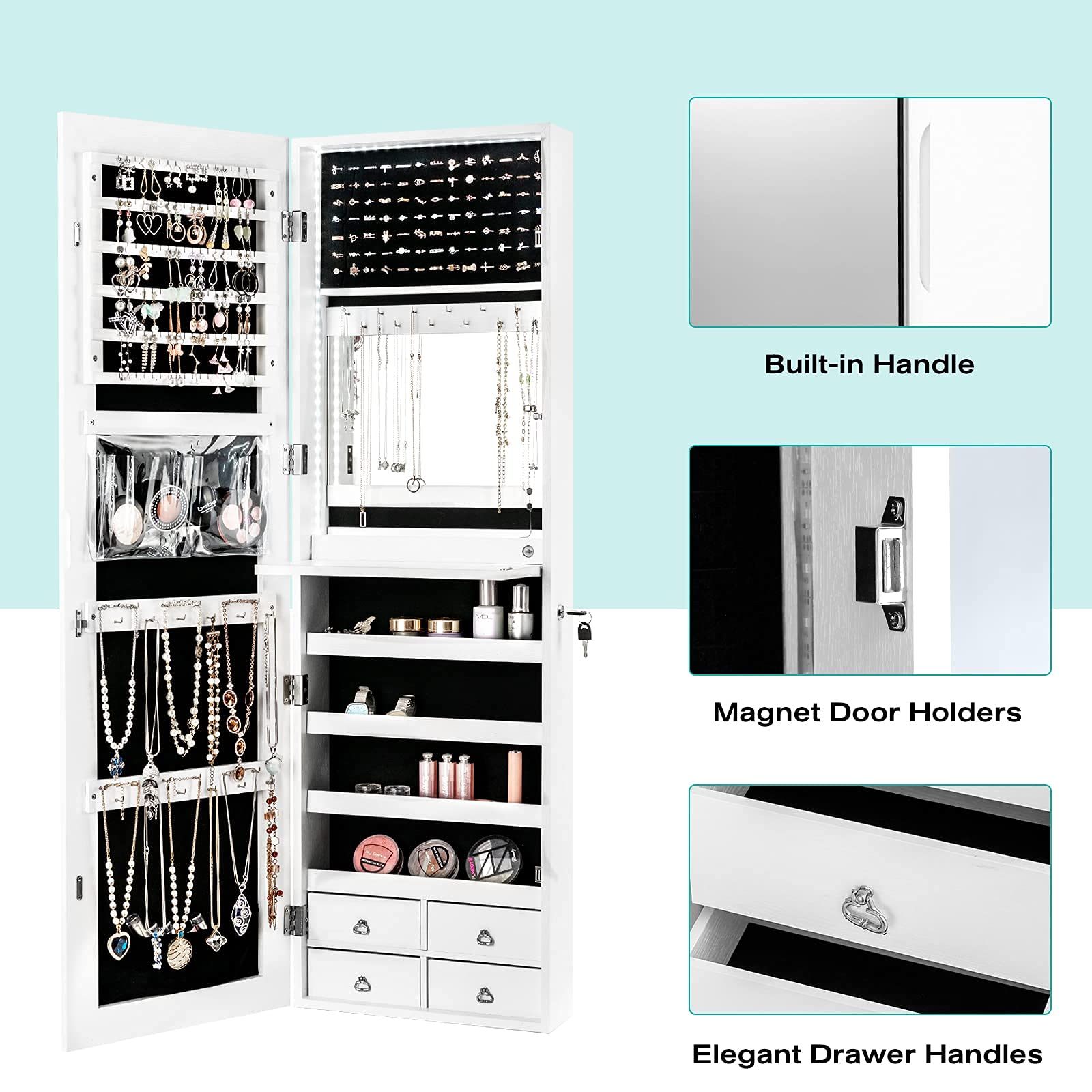 CHARMAID LED Strip Jewelry Armoire with 47.2" H Full Length Mirror