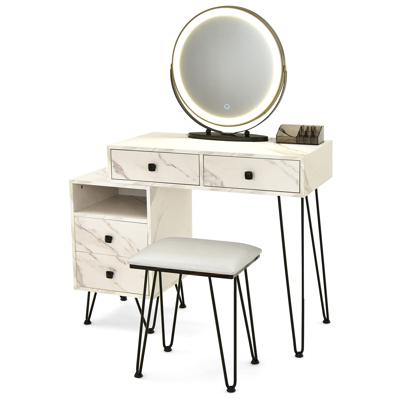 CHARMAID Vanity Set with 3 Colors Lighted Mirror, Left or Right Side Cabinet