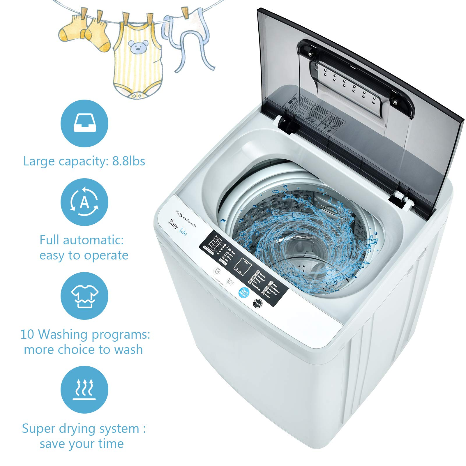 8.8lbs Washer and Dryer Combo, 1.04 cu.ft 10 Programs Built-in Drain Pump, Energy Saving Top Load Washer for Apartment Dorm - Giantexus