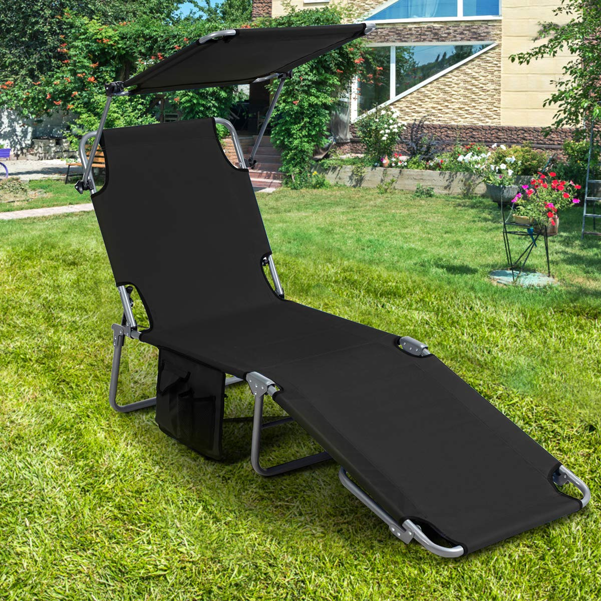 Giantex Lounge Chaise Chair Position and Shade Adjustable W/Canopy and Storage Pocket (2)