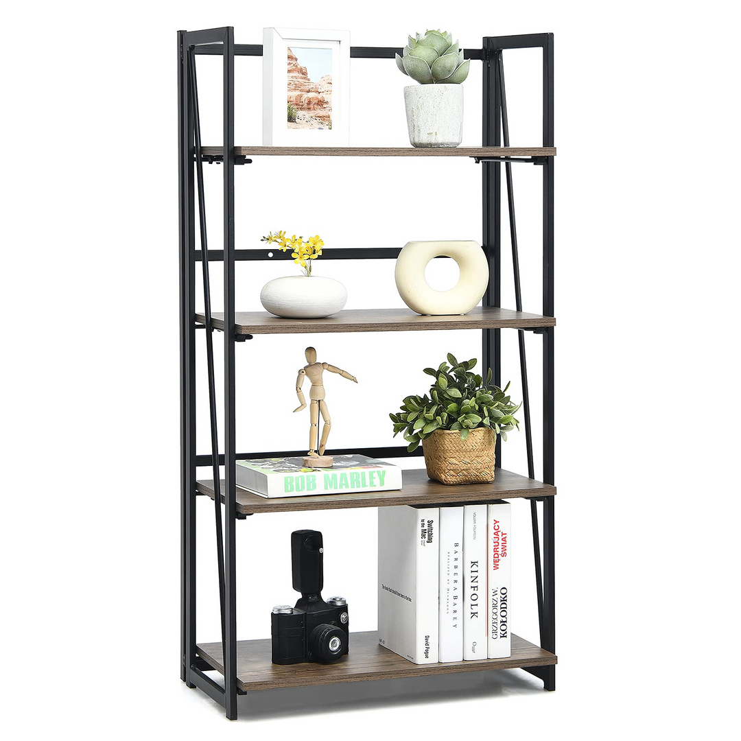Giantex 4-Tier Bookshelf, No-Assembly Folding Industrial Storage Shelves w/ Anti-Tipping Wall Bolt