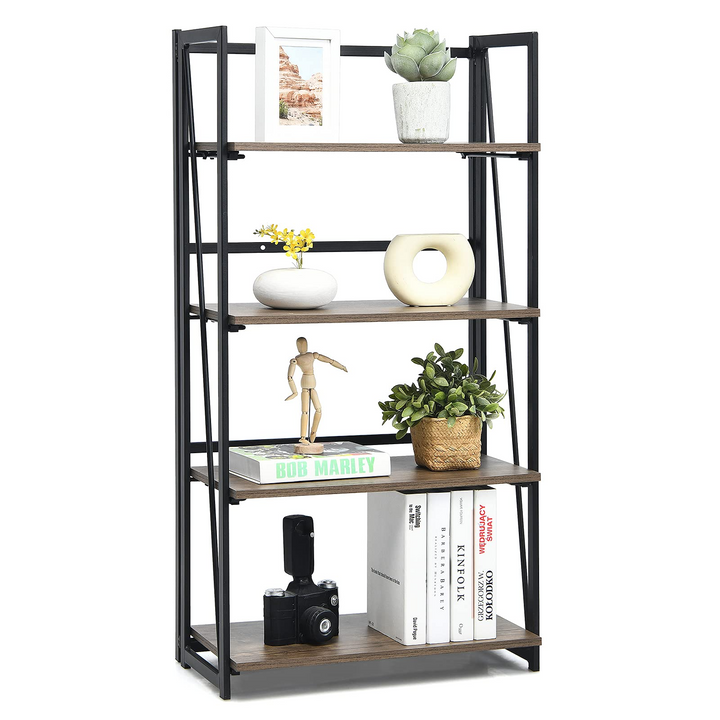 Giantex 4-Tier Bookshelf, No-Assembly Folding Industrial Storage Shelves w/ Anti-Tipping Wall Bolt