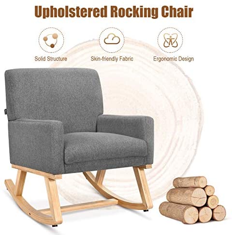 Giantex Upholstered Rocking Chair with Fabric Padded Seat and Solid Wood Base