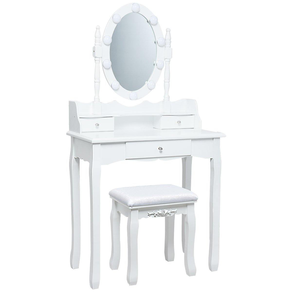 CHARMAID | Vanity Set with Lighted Oval Mirror, Makeup Dressing Table with 10 LED Dimmable Bulbs and 3 Drawers - Giantexus