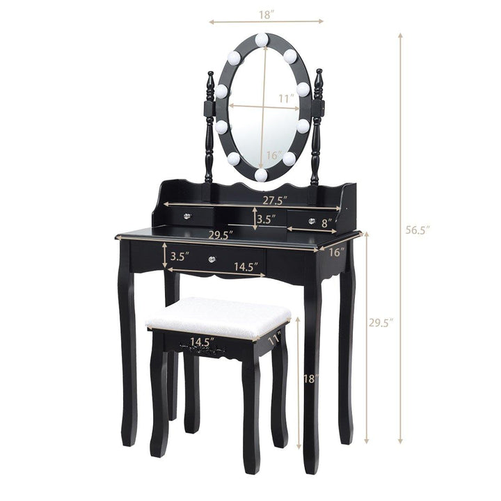 CHARMAID | Vanity Set with Lighted Oval Mirror, Makeup Dressing Table with 10 LED Dimmable Bulbs and 3 Drawers - Giantexus