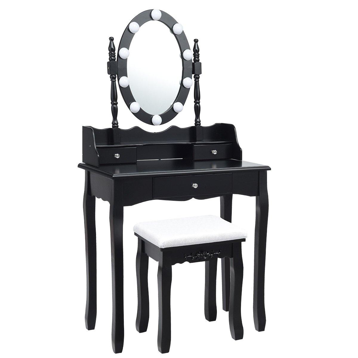 CHARMAID | Vanity Set with Lighted Oval Mirror, Makeup Dressing Table with 10 LED Dimmable Bulbs and 3 Drawers - Giantexus