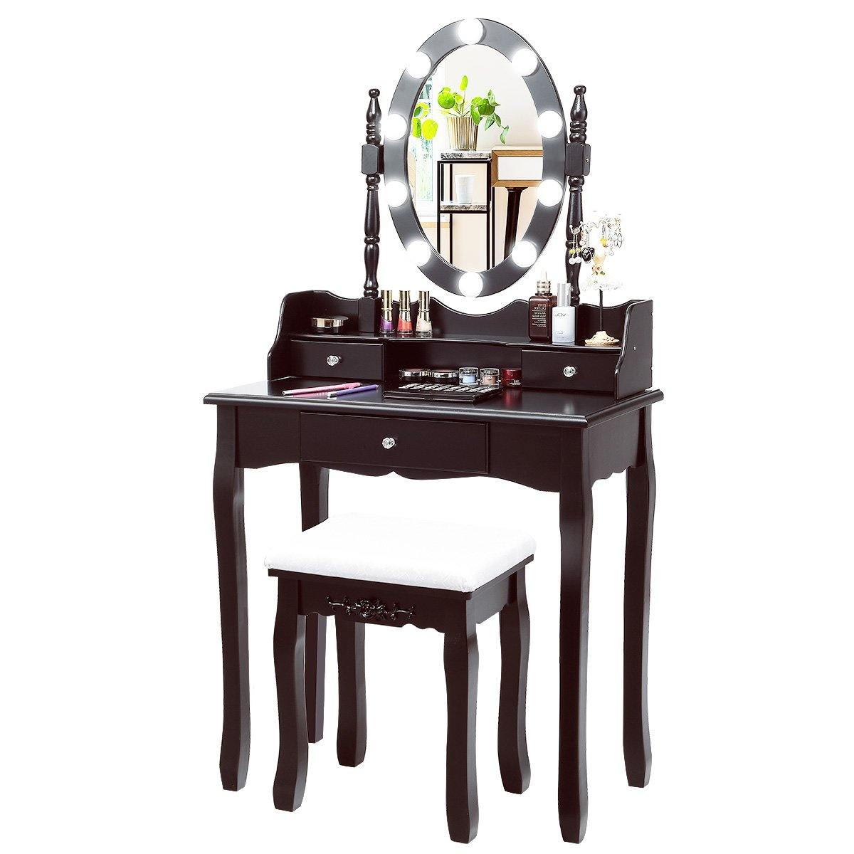 CHARMAID | Vanity Set with Lighted Oval Mirror, Makeup Dressing Table with 10 LED Dimmable Bulbs and 3 Drawers - Giantexus