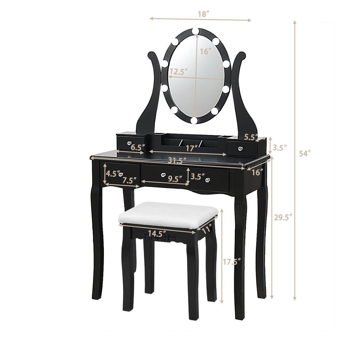CHARMAID | Vanity Table Set with Lighted Mirror, Makeup Dressing Table with 10 LED Lights, Touch Switch, 5 Drawers - Giantexus
