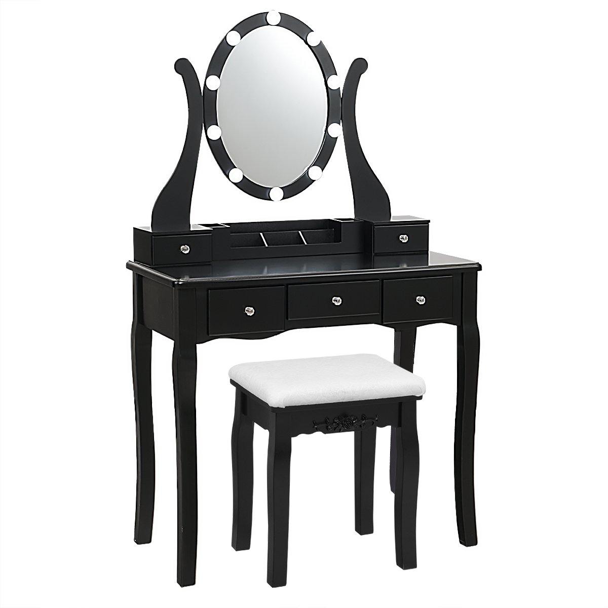 CHARMAID | Vanity Table Set with Lighted Mirror, Makeup Dressing Table with 10 LED Lights, Touch Switch, 5 Drawers - Giantexus