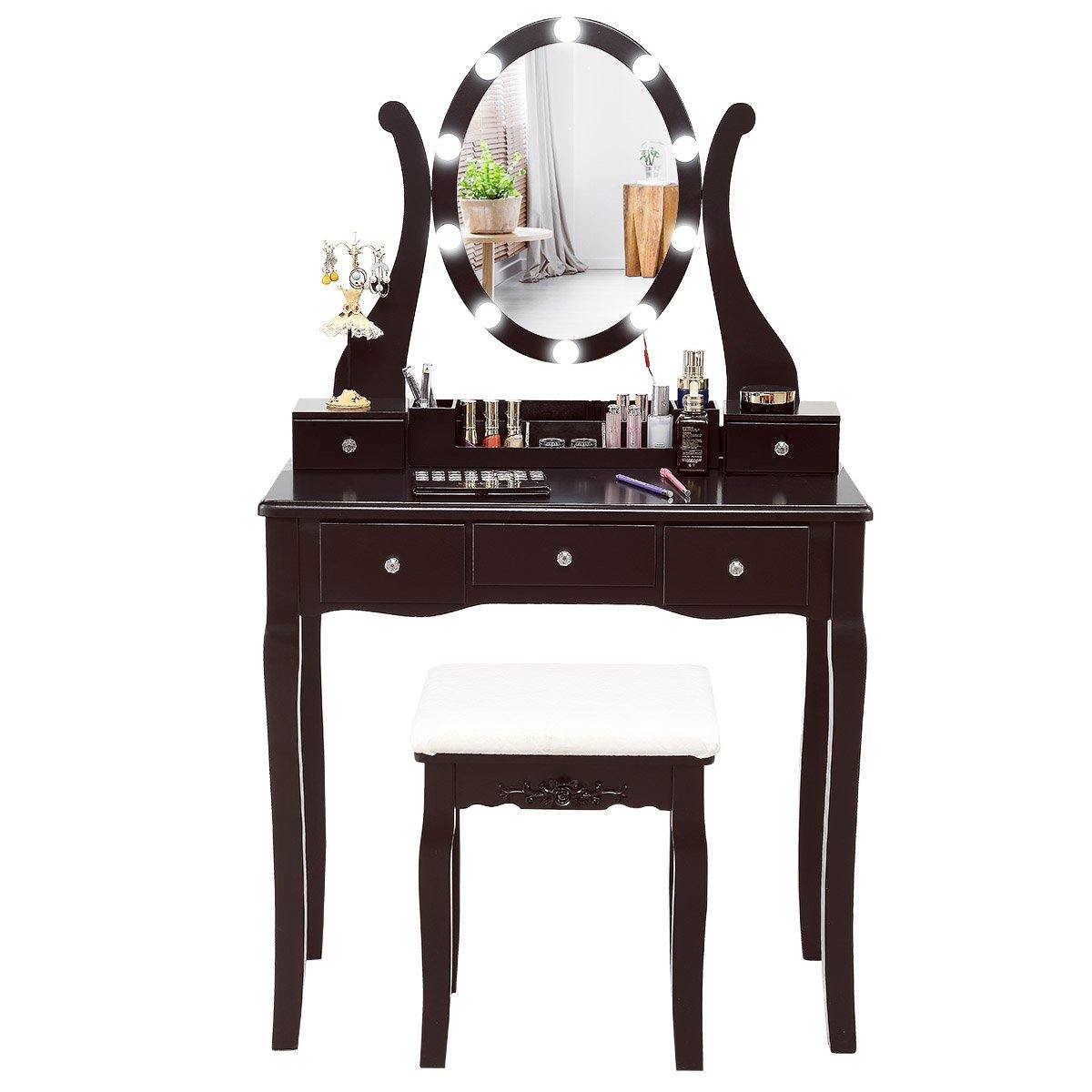 CHARMAID | Vanity Table Set with Lighted Mirror, Makeup Dressing Table with 10 LED Lights, Touch Switch, 5 Drawers - Giantexus