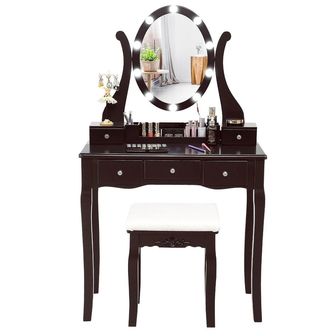 CHARMAID | Vanity Table Set with Lighted Mirror, Makeup Dressing Table with 10 LED Lights, Touch Switch, 5 Drawers - Giantexus