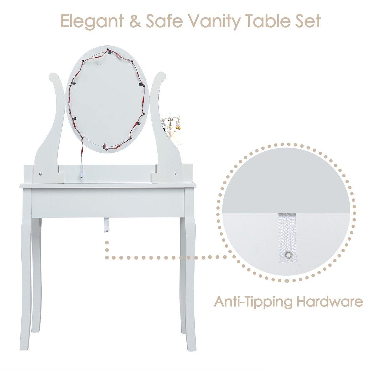 CHARMAID | Vanity Table Set with Lighted Mirror, Makeup Dressing Table with 10 LED Lights, Touch Switch, 5 Drawers - Giantexus