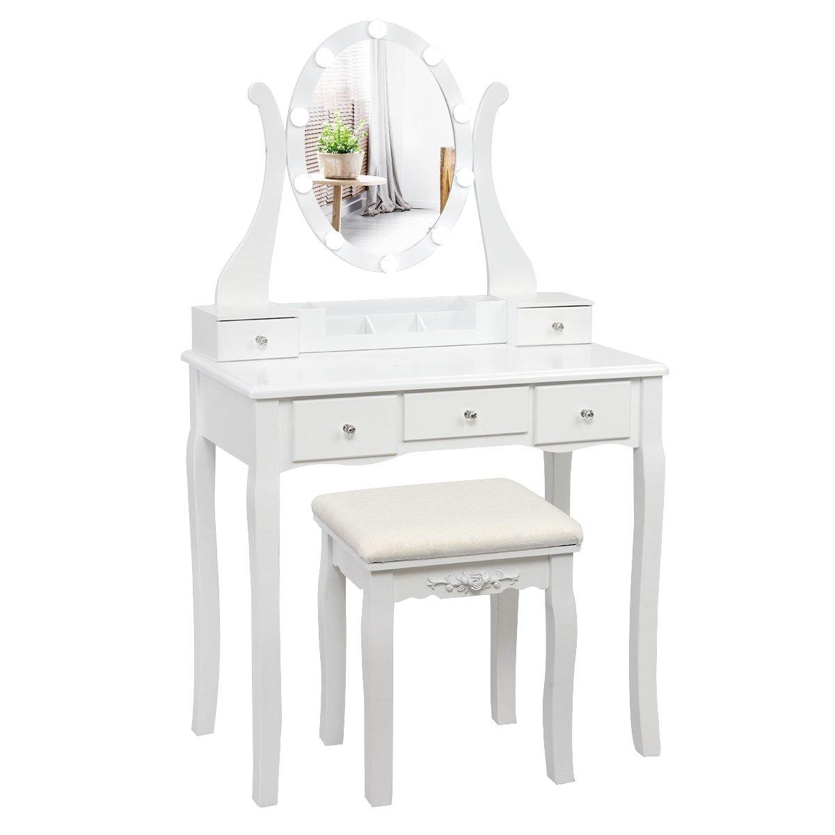 CHARMAID | Vanity Table Set with Lighted Mirror, Makeup Dressing Table with 10 LED Lights, Touch Switch, 5 Drawers - Giantexus