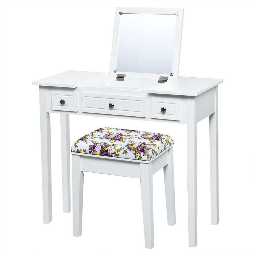 CHARMAID Vanity Set with Flip Top Mirror and 3 Drawers &7 Compartments, White - Giantexus