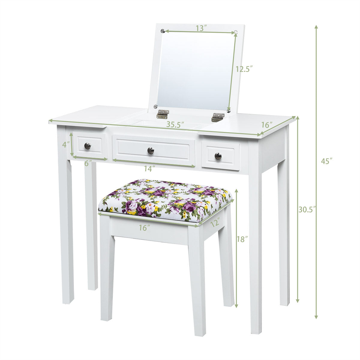 CHARMAID Vanity Set with Flip Top Mirror and 3 Drawers &7 Compartments, White - Giantexus