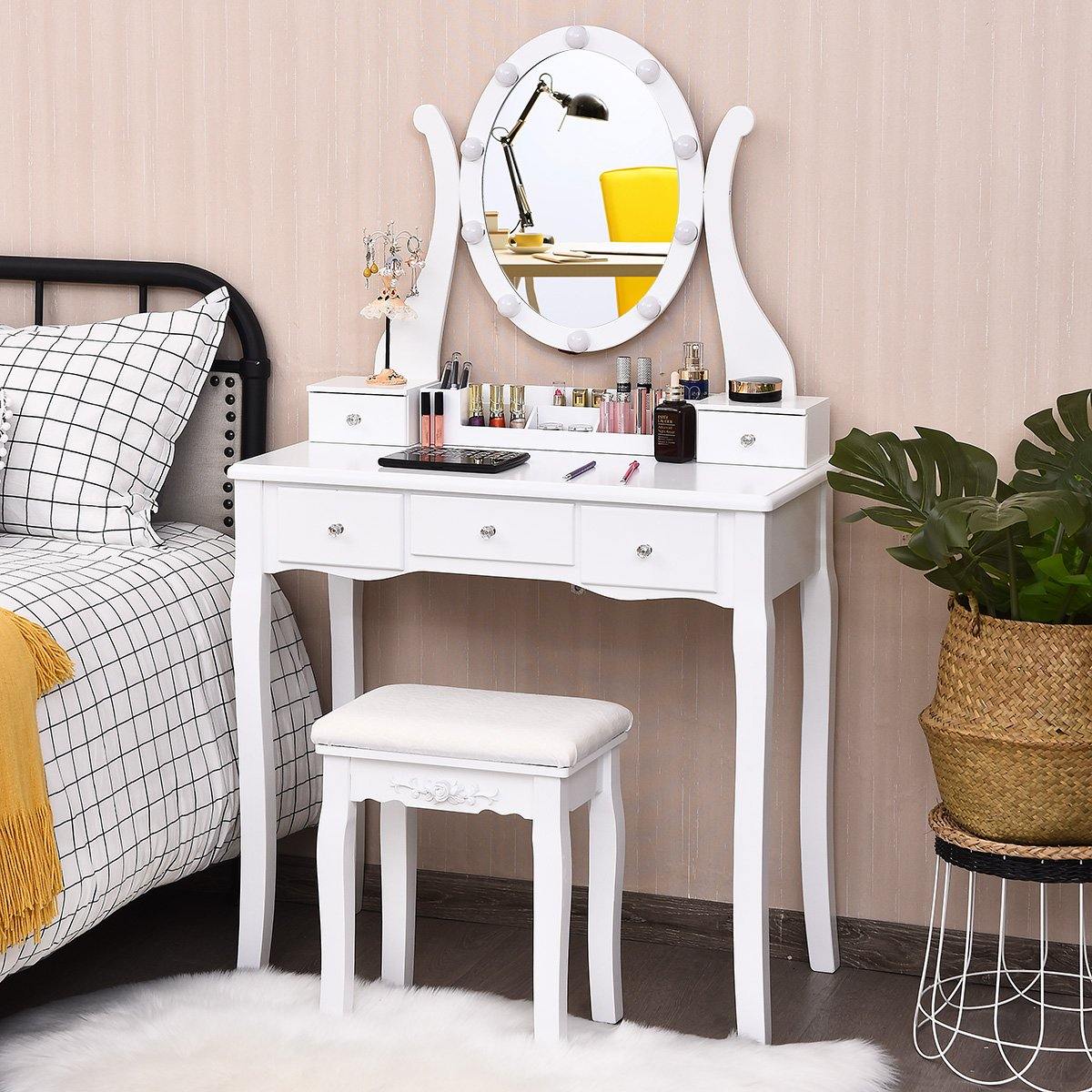 CHARMAID | Vanity Table Set with Lighted Mirror, Makeup Dressing Table with 10 LED Lights, Touch Switch, 5 Drawers - Giantexus