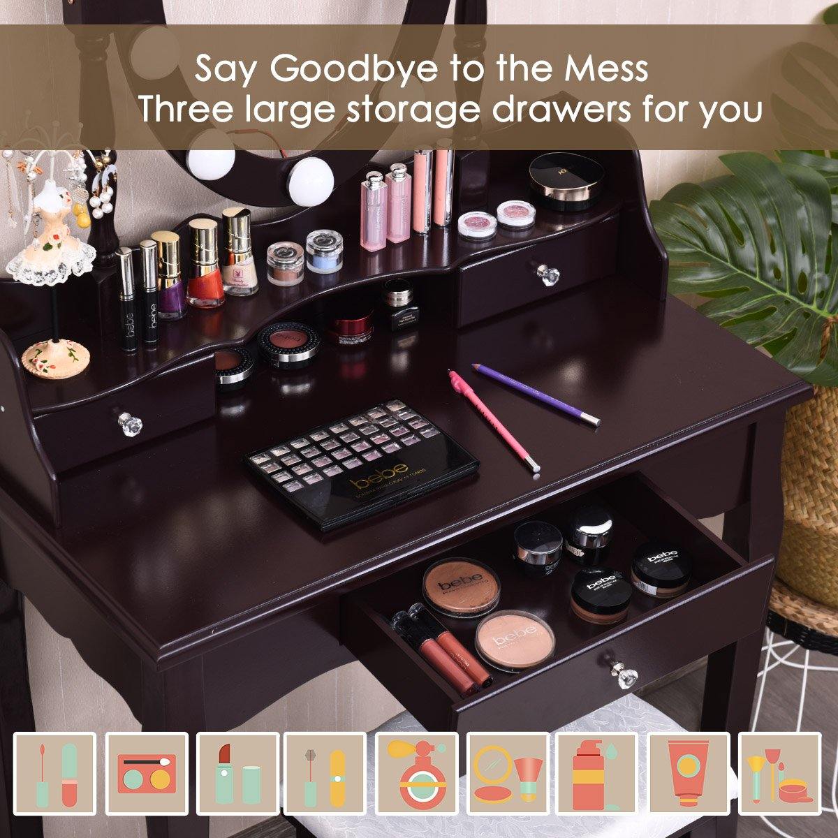 CHARMAID | Vanity Set with Lighted Oval Mirror, Makeup Dressing Table with 10 LED Dimmable Bulbs and 3 Drawers - Giantexus