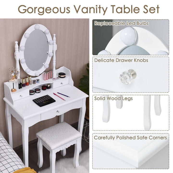 CHARMAID | Vanity Set with Lighted Oval Mirror, Makeup Dressing Table with 10 LED Dimmable Bulbs and 3 Drawers - Giantexus