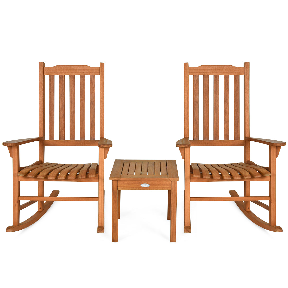 Rocking Chair 3 Piece Set Wooden W/ Two Wood Conversation Chairs and Accent Table