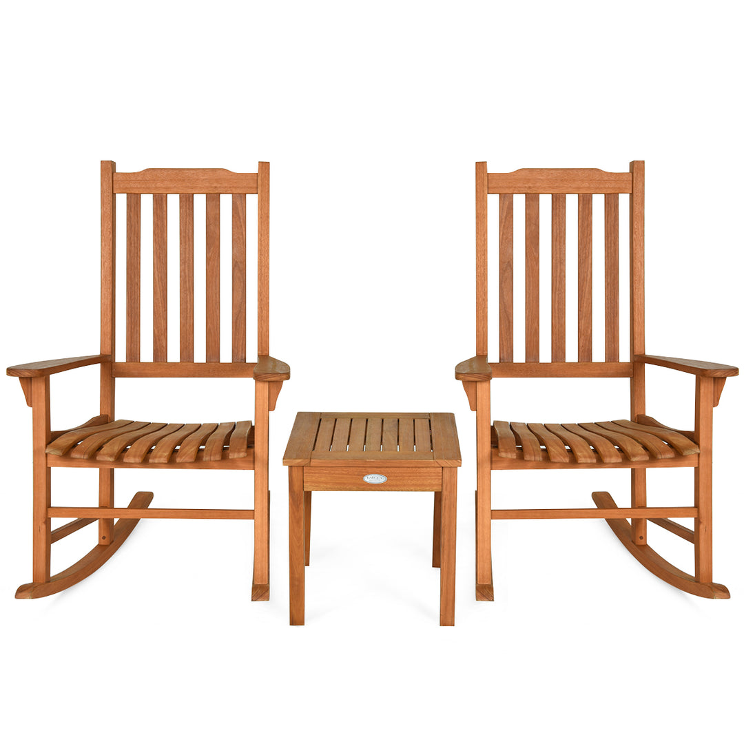 Rocking Chair 3 Piece Set Wooden W/ Two Wood Conversation Chairs and Accent Table