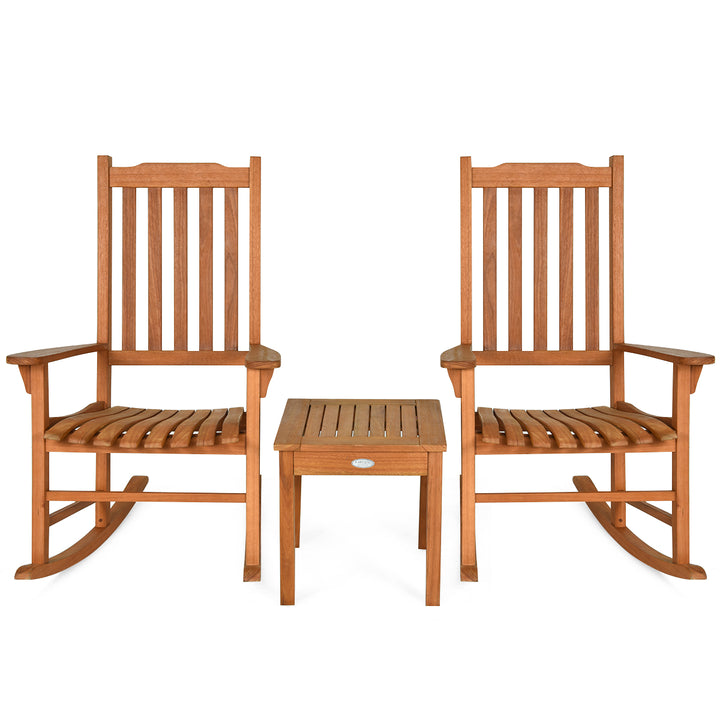 Rocking Chair 3 Piece Set Wooden W/ Two Wood Conversation Chairs and Accent Table