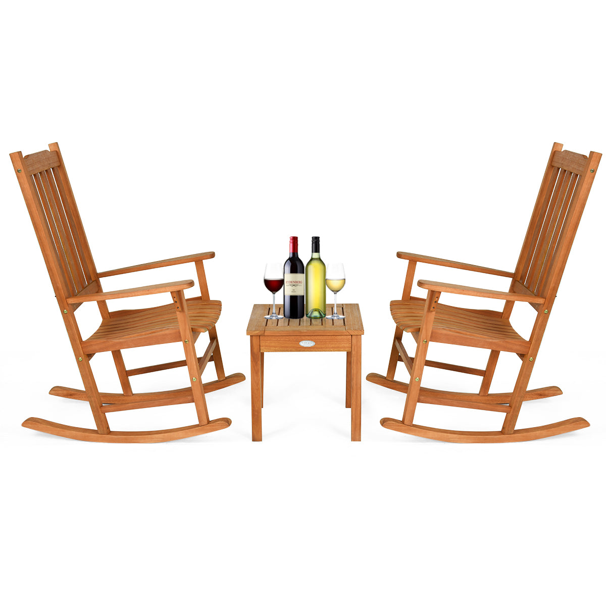 Rocking Chair 3 Piece Set Wooden W/ Two Wood Conversation Chairs and Accent Table